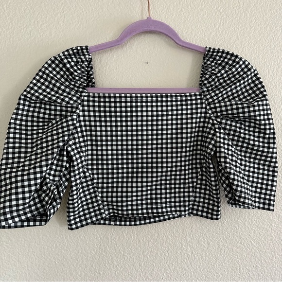 TOPSHOP Women’s Cropped Gingham Shirt Top Black and White Size 6 - Picture 6 of 6